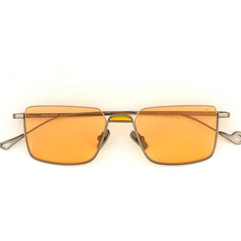 Eyepetizer Nakano C.3-67 Rectangular Amber Tint Sunglasses With Curled Temple Detail