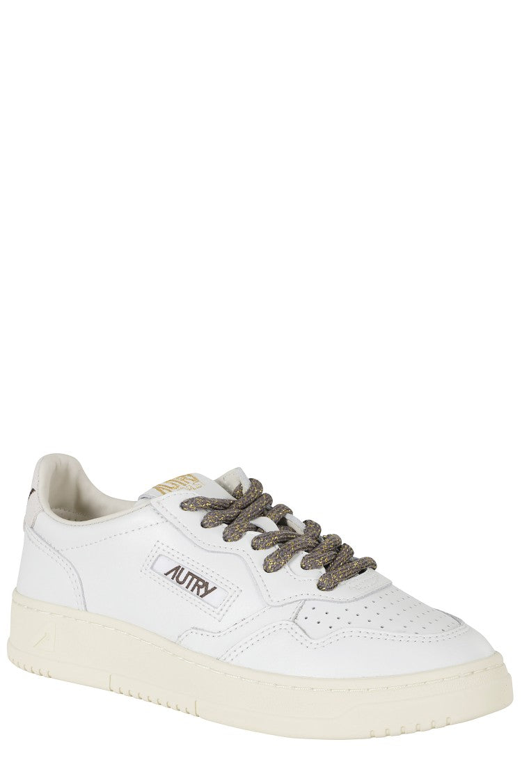 Autry White Medalist Low Suede Heel Tab Gold Laces Leather Sneakers