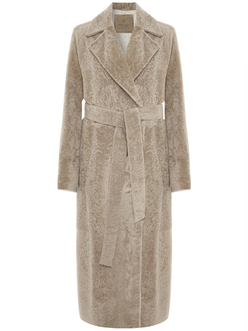 Bigardini Mid-Length Shearling Coat With Belted Waist And Plush Texture