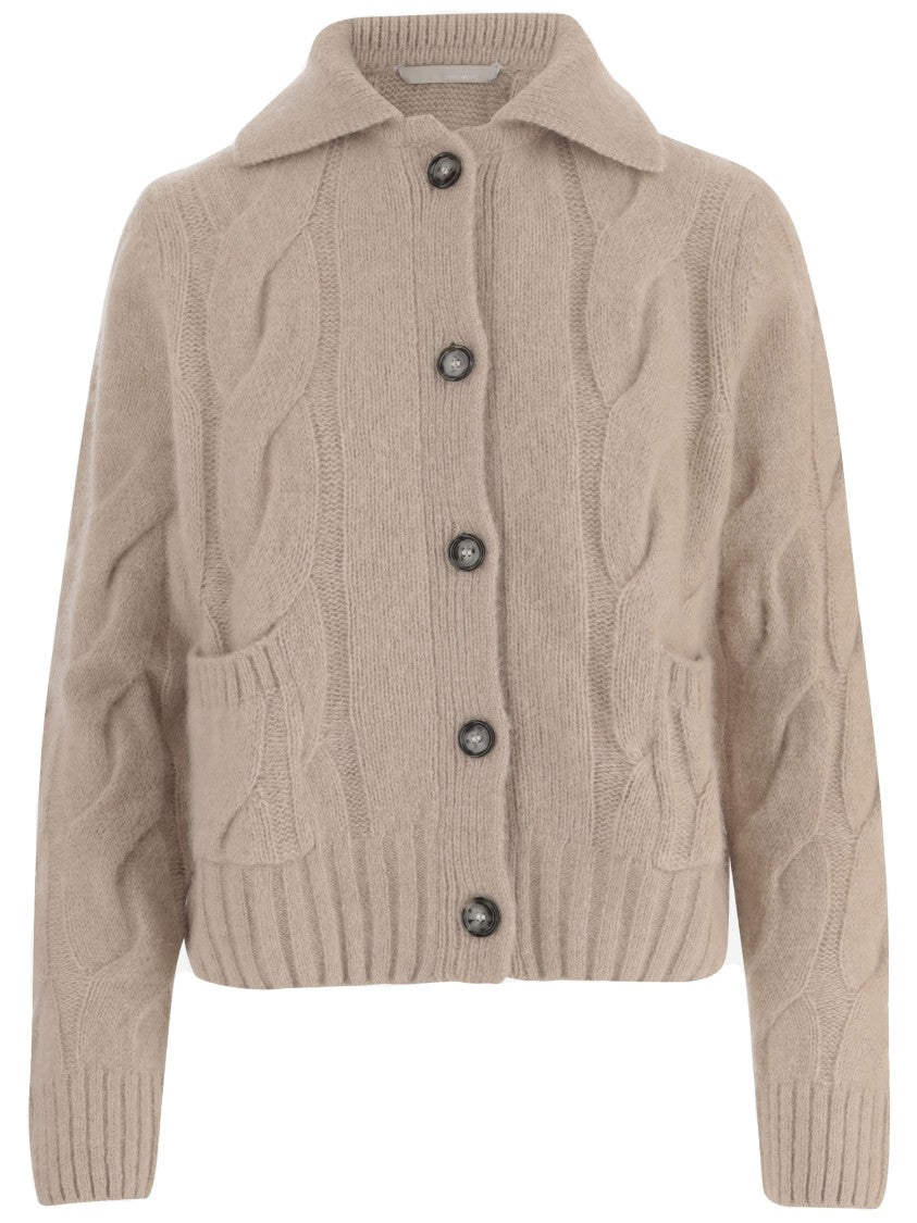 Allude Beige Classic Collar Cable Knit Cashmere Silk Cardigan