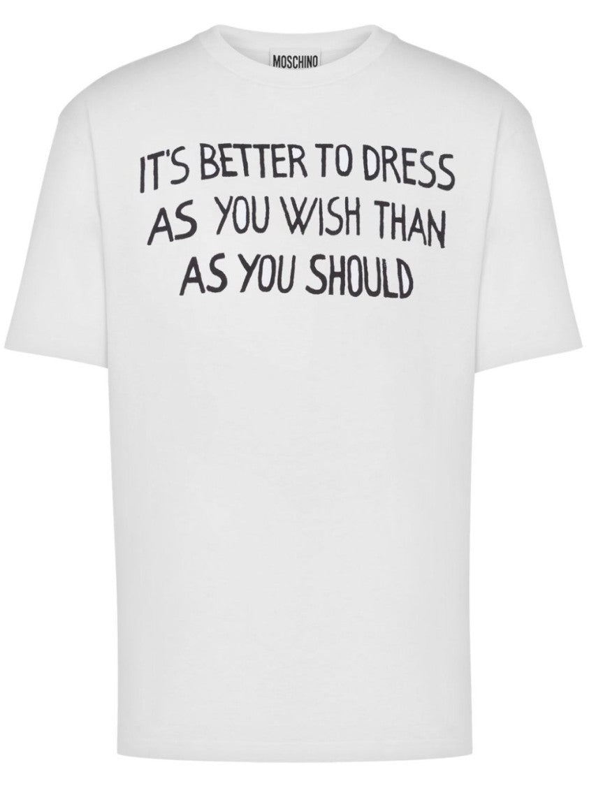 Moschino White Slogan Print Cotton Jersey T-Shirt