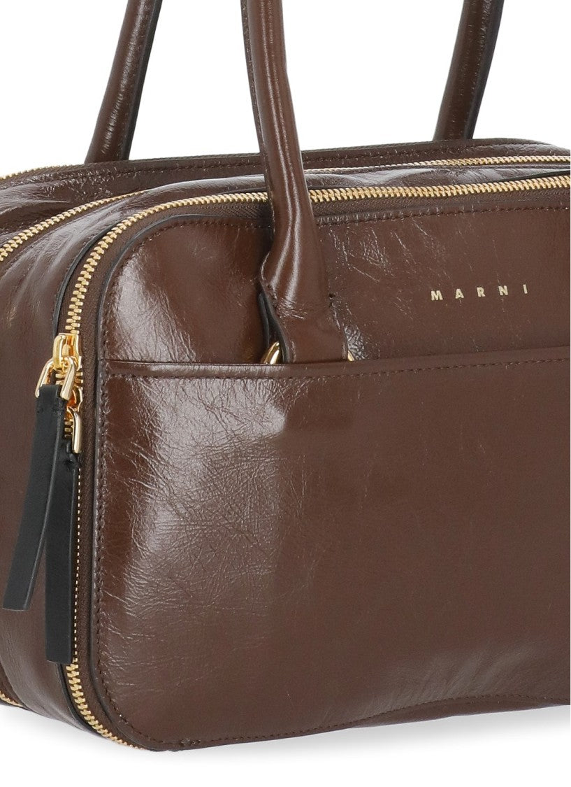 Marni Brown Leather Three Zip Handbag