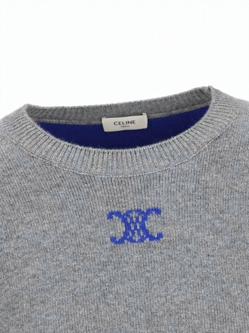 Celine Relaxed Fit Grey Cashmere Blend Sweater With Subtle Logo