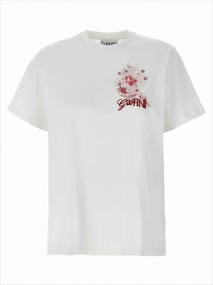 Ganni Graphic Print Cotton T-Shirt With Crescent Moon Design