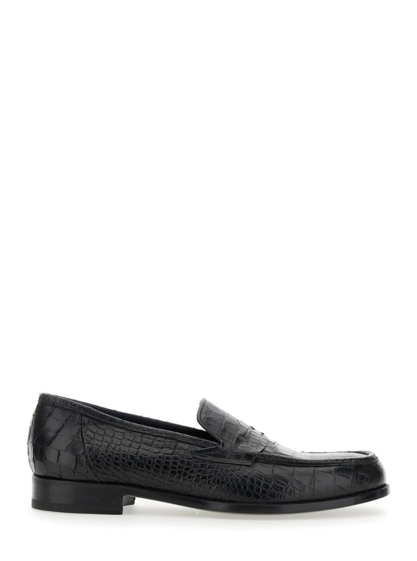 Lidfort Textured Crocodile Pattern Black Loafers