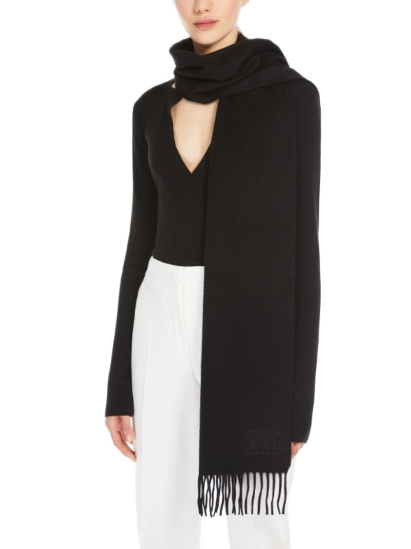 Max Mara Rectangular Black Scarf With Fringed Edges And Embroidered Logo
