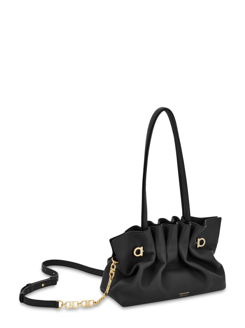 Ferragamo Ruched Lamb Leather Handbag With Gold-Tone Accents