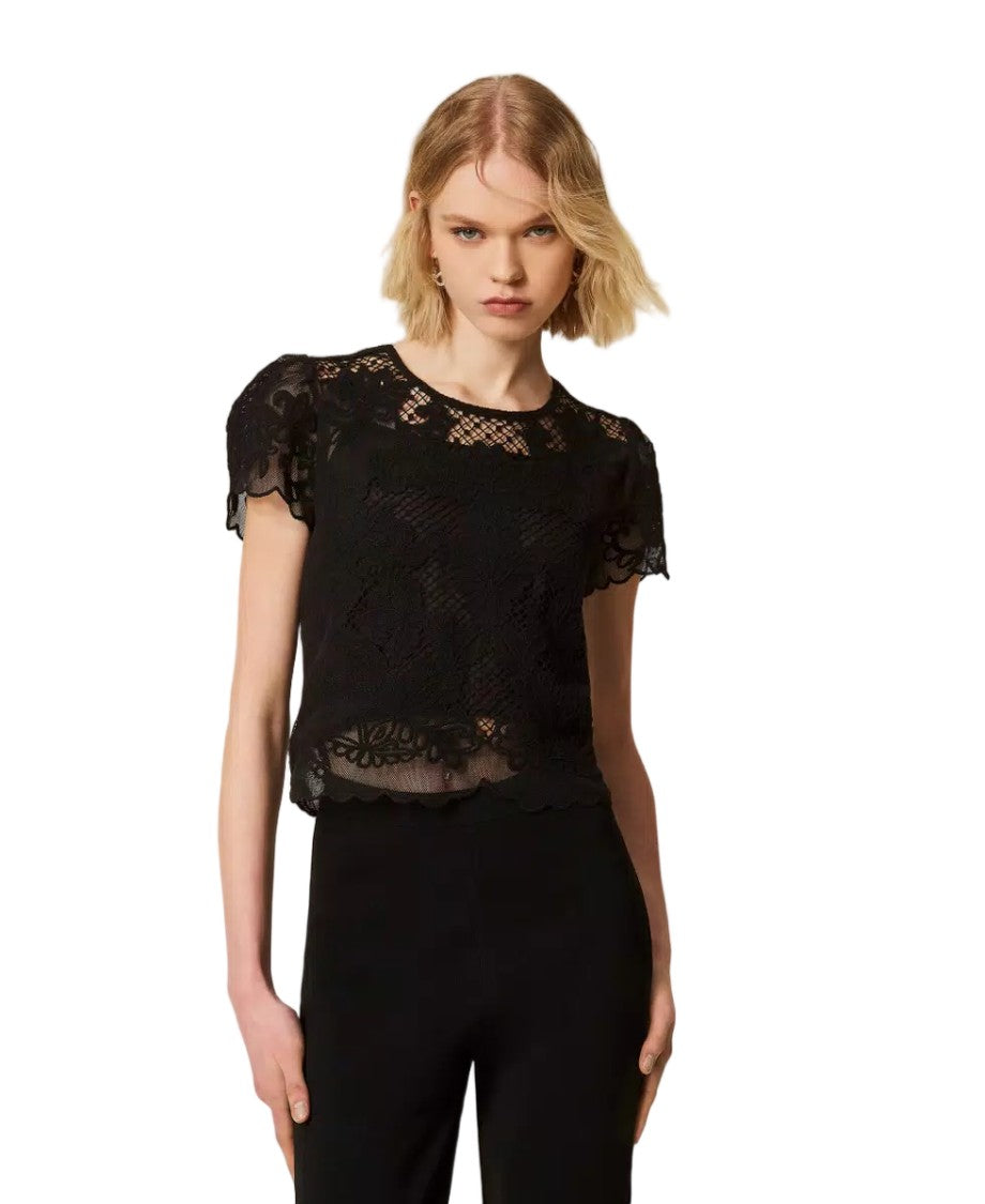 Twin-Set Cotton-Blend Dori Embroidered Scalloped Hem Blouse