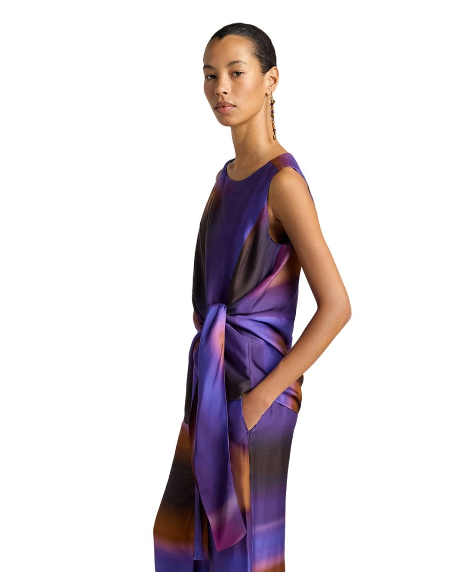 Momonì Viscose Satin Torchon Waist Print Sleeveless Blouse