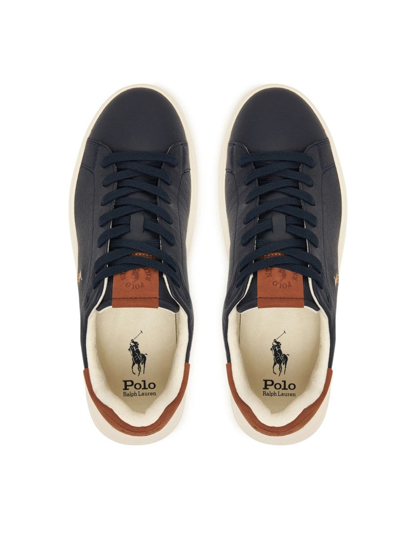 Polo Ralph Lauren Navy Leather Low-Top Sneakers With Contrasting Brown Accents