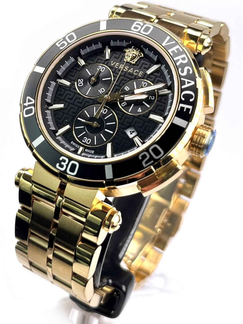 Versace Greca Chrono 45Mm Steel Watch With Gold-Tone Accents