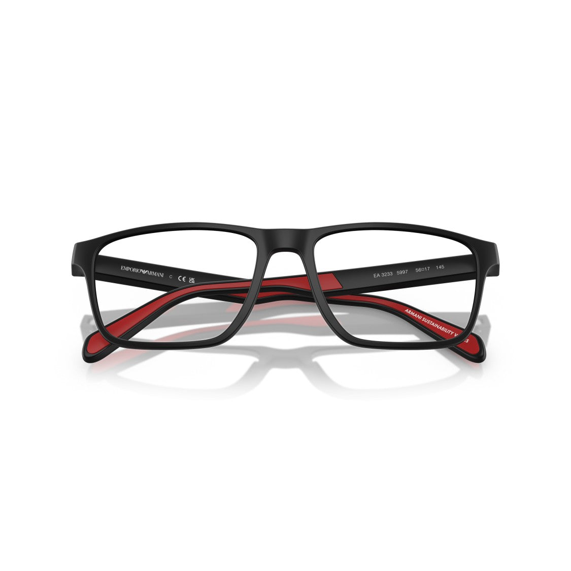 Emporio Armani 0Ea3233 Rectangular Matte Black Eyeglass Frames With Red Accents
