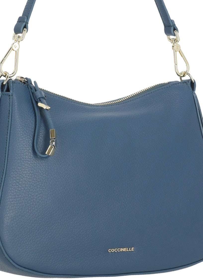 Coccinelle Compact Blue Leather Shoulder Bag With Versatile Strap Options