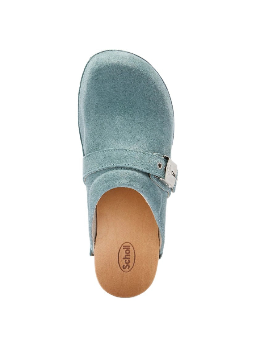 Scholl Light Blue Suede Clogs With Silver Buckle And Wooden Base