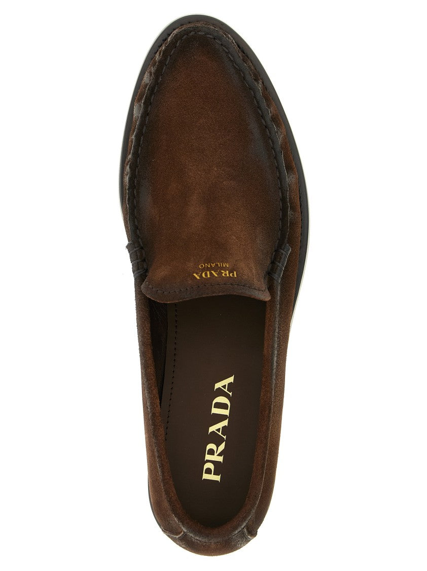 Prada Brown Suede Loafers With Embossed Logo