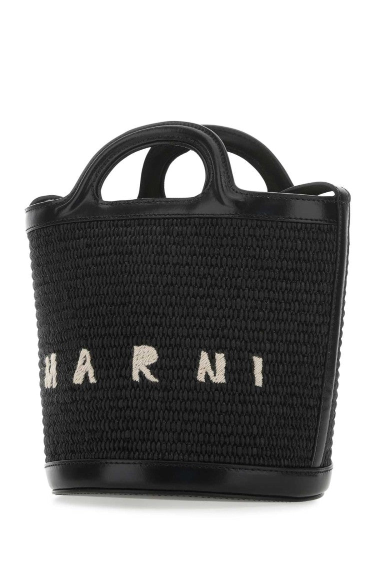 Marni Black Leather And Raffia Tropicalia Bucket Bag