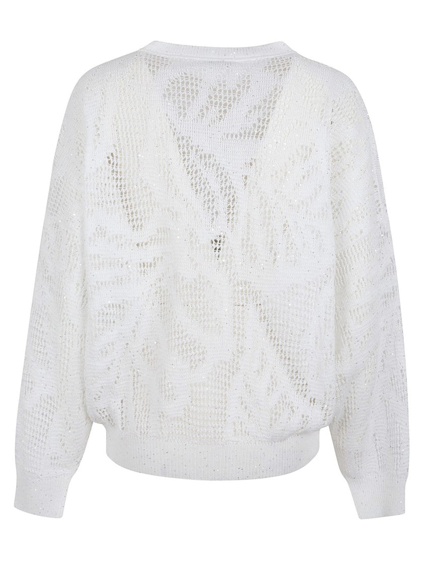 Brunello Cucinelli Open-Knit Linen Blend Sweater With Subtle Sequin Detail
