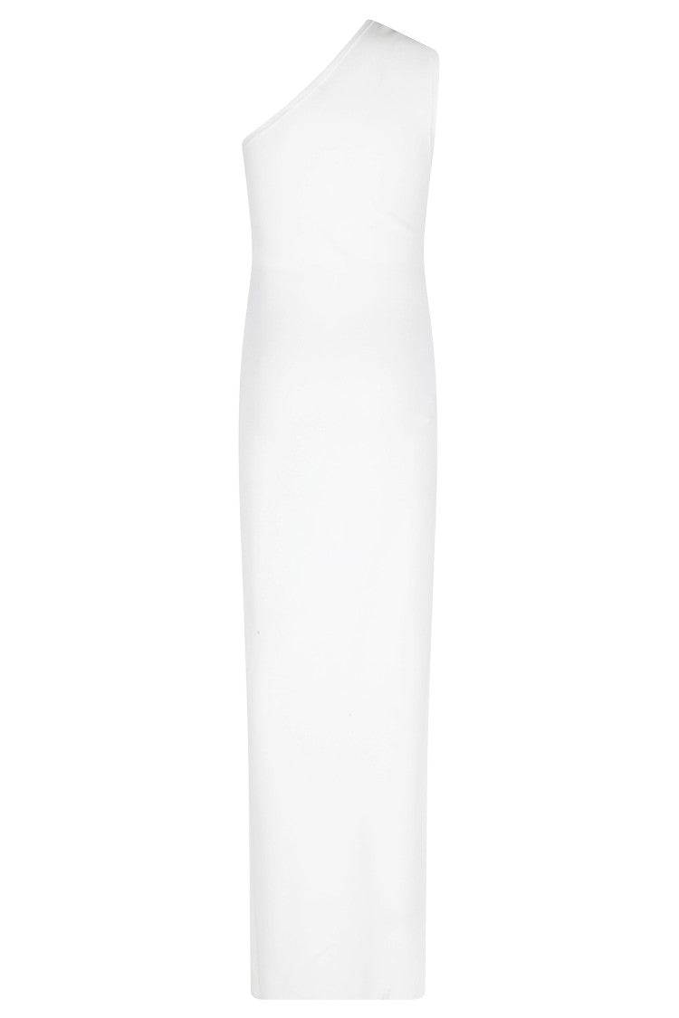 Elisabetta Franchi Ivory One-Shoulder Golden-Jewel Viscose-Blend Evening Dress