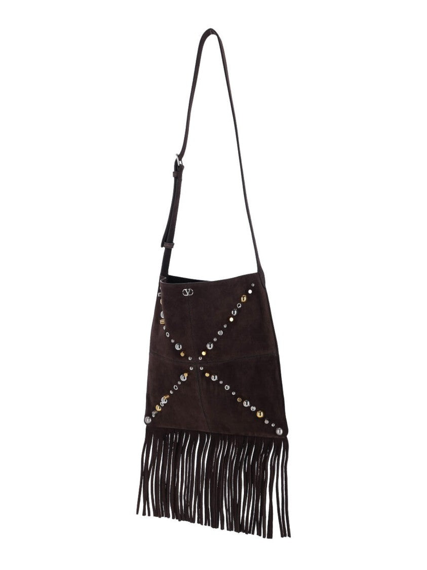 Valentino Garavani Brown Suede Shoulder Bag With Adjustable Strap