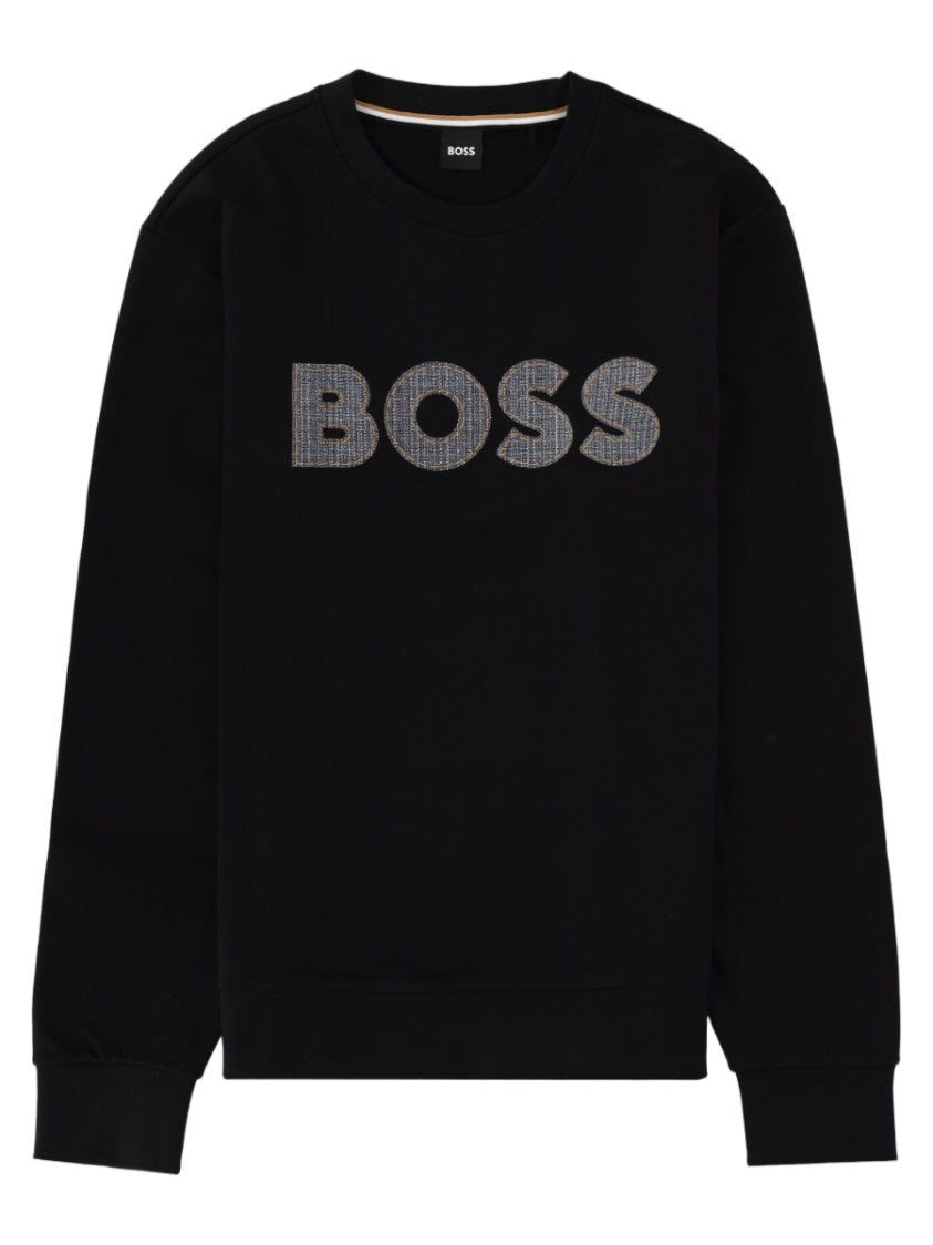 Boss Textured Logo Black Crewneck Cotton Sweatshirt