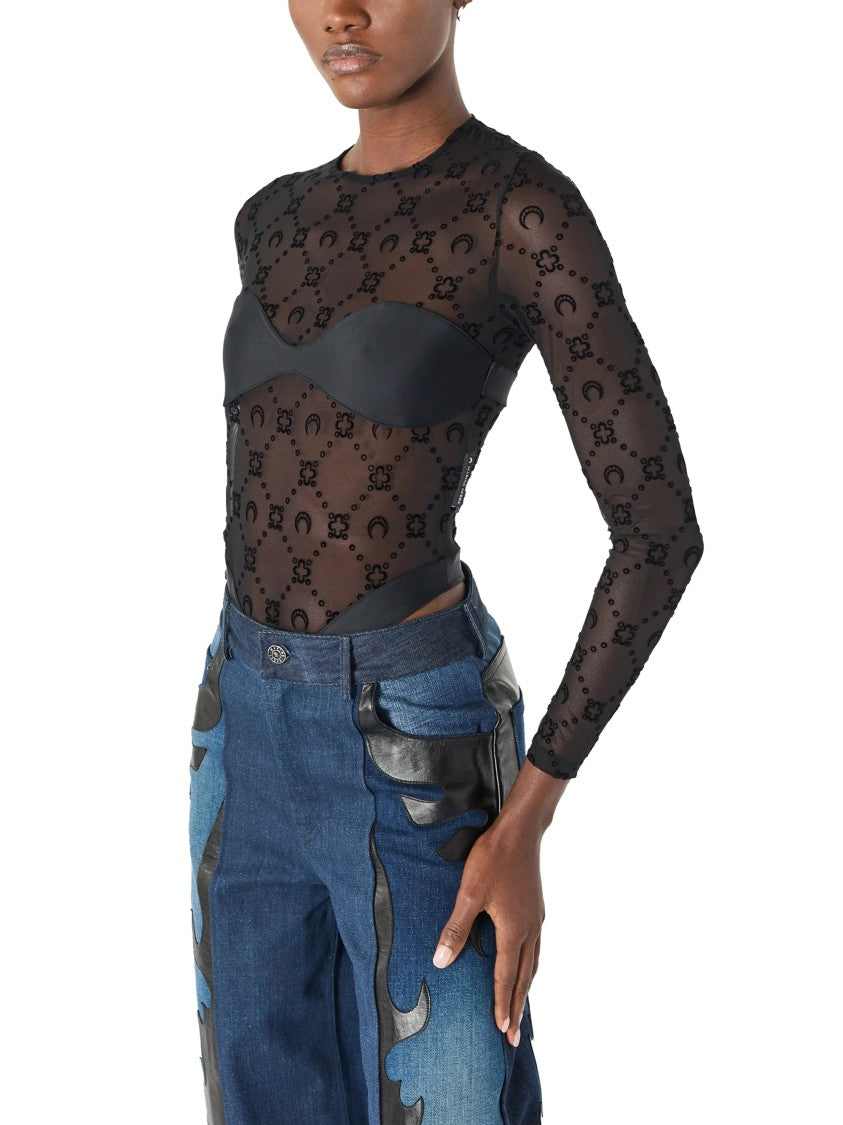 Marine Serre Flocked Mesh Long-Sleeve Bodysuit With Bustier Panel