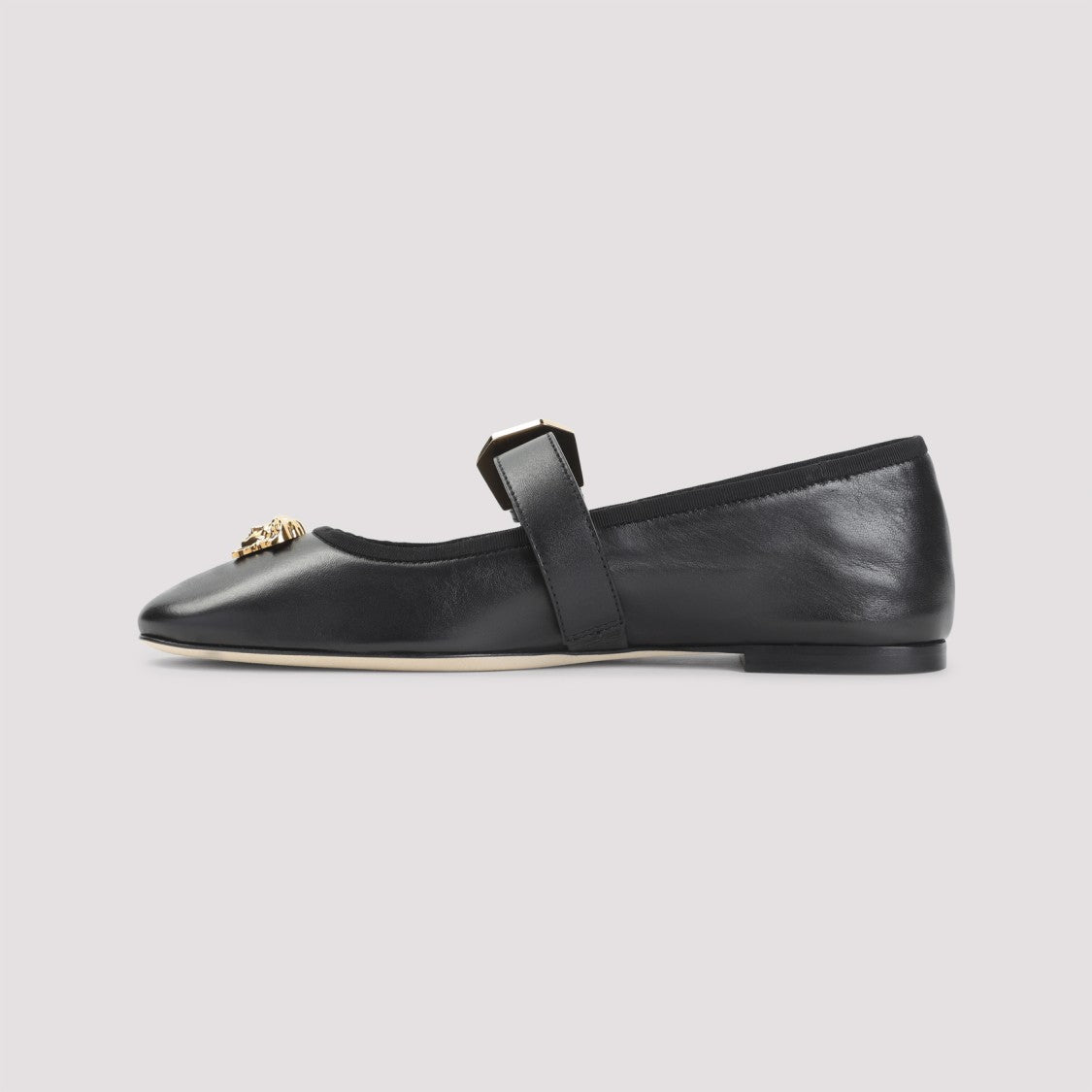 Versace Pointed Toe Black Leather Flats With Gold Medusa Accents