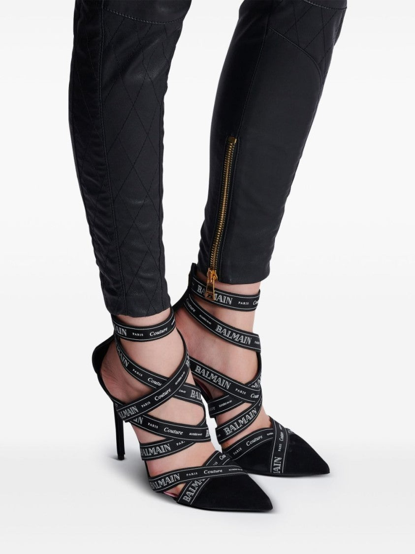 Balmain Black Logo Print Stiletto Suede Sandals