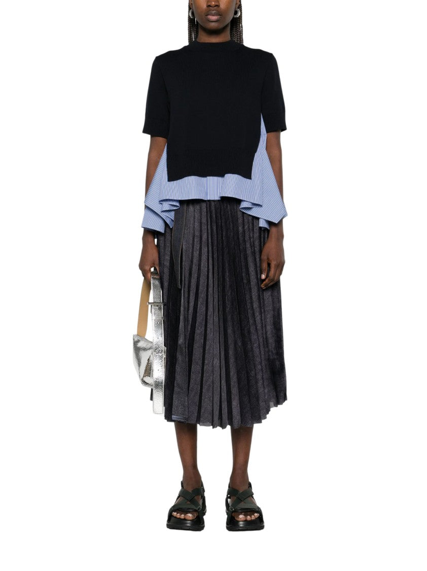 Sacai Pleated Grey Skirt With Denim And Soft Fabric Construction