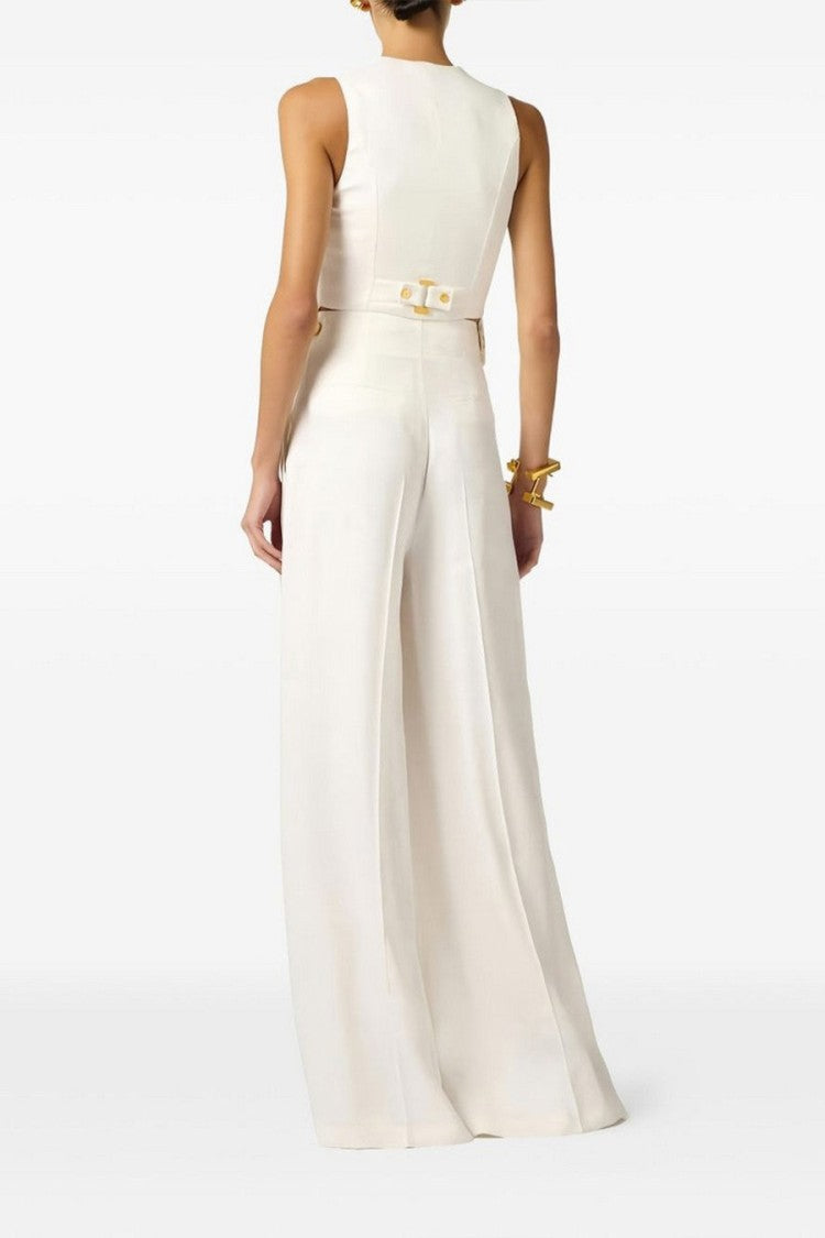 Elisabetta Franchi Ivory Cropped Sleeveless Gold Button Linen-Blend Waistcoat