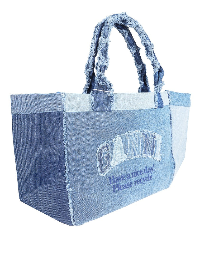 Ganni Xxl Patchwork Denim Frayed Tote Bag