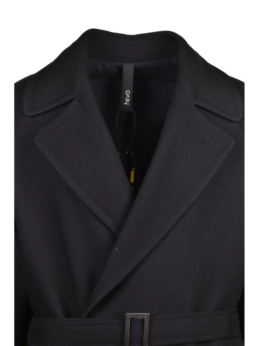 Hevo Black Long Double-Breasted Polyester-Blend Coat