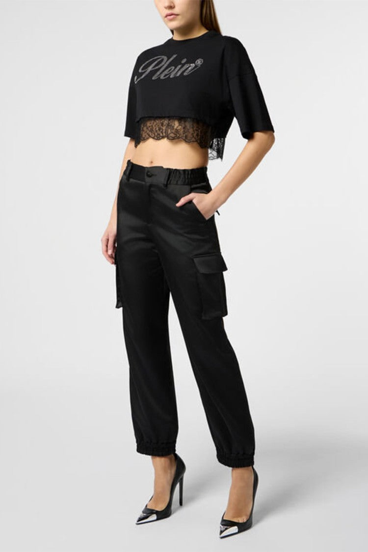 Philipp Plein Black Cotton Lace-Hem Cropped T-Shirt