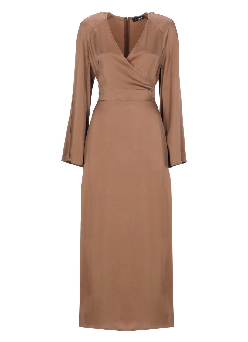 Fabiana Filippi Brown Viscose Midi Dress With V-Neck And Lace Details