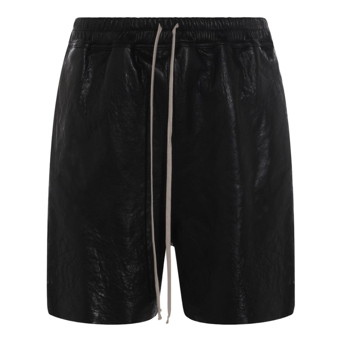 Rick Owens Leather-Textured Black Shorts With Contrast Drawstring