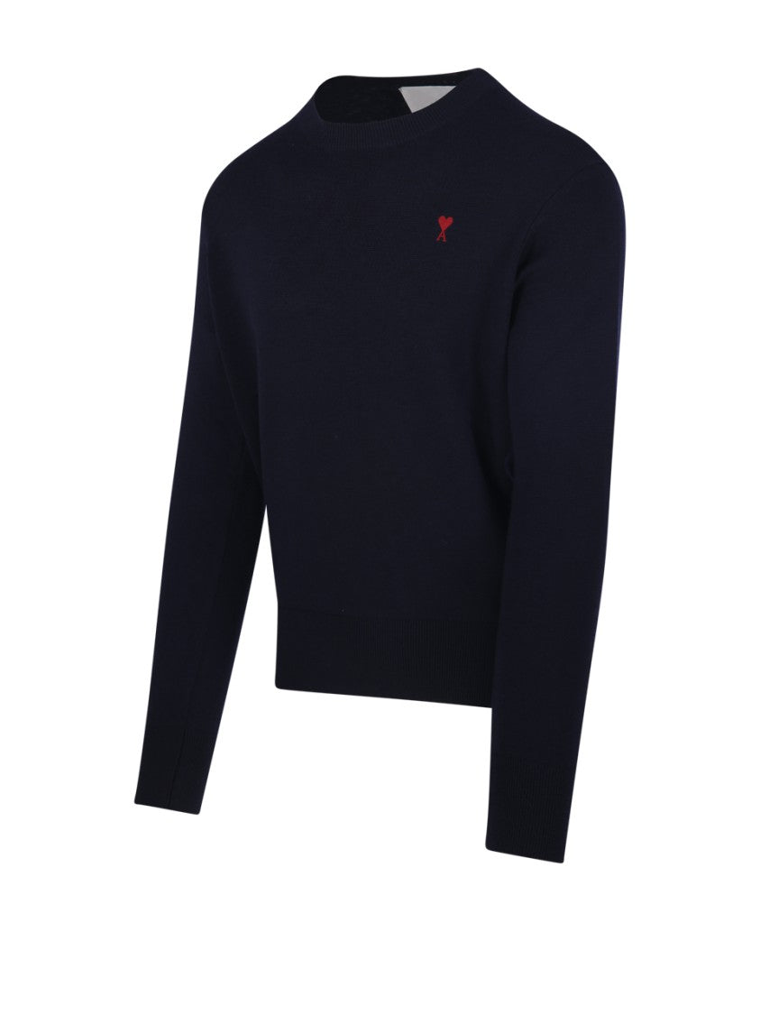 Ami Merino Wool Round Neck Sweater With Heart Detail