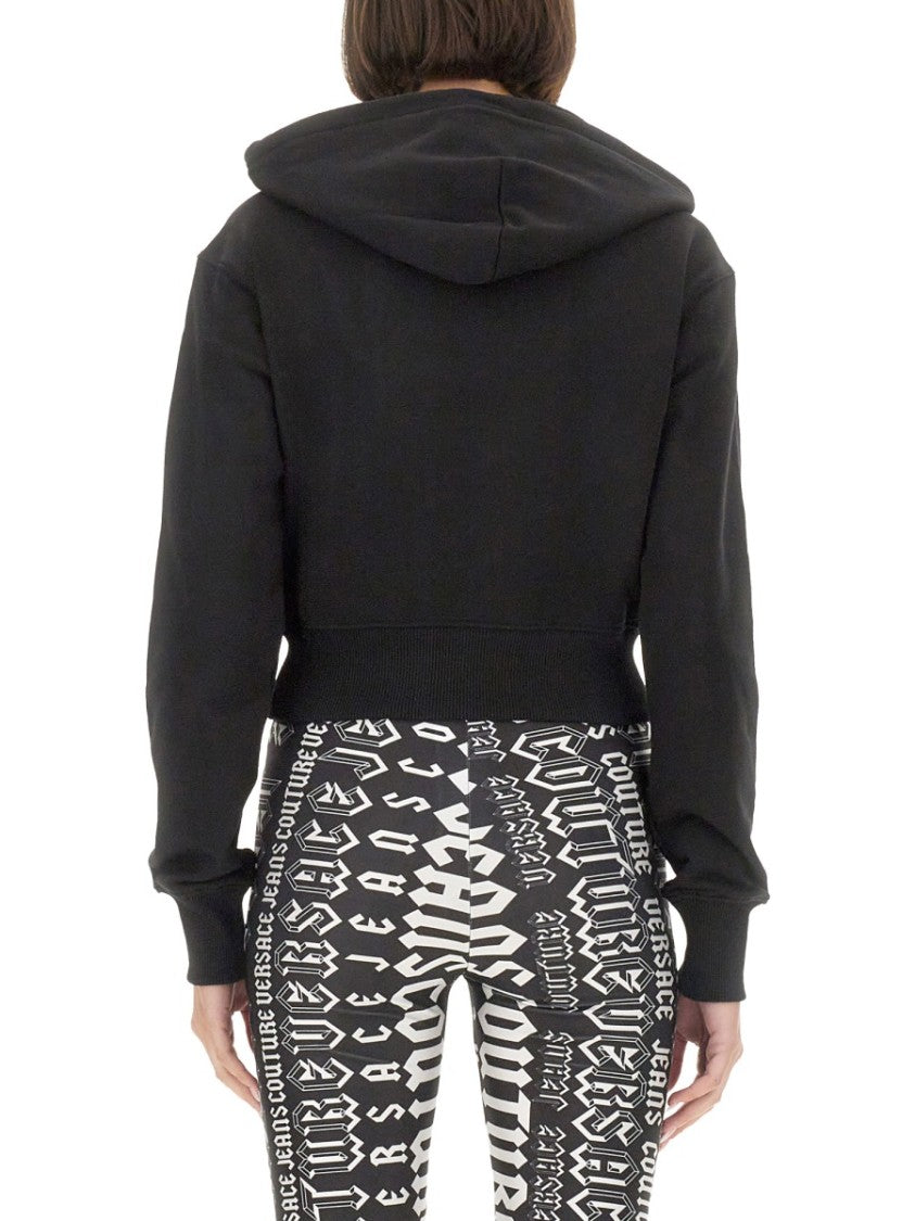 Versace Jeans Couture Cropped Black Sweatshirt With Hood And Logo Detail