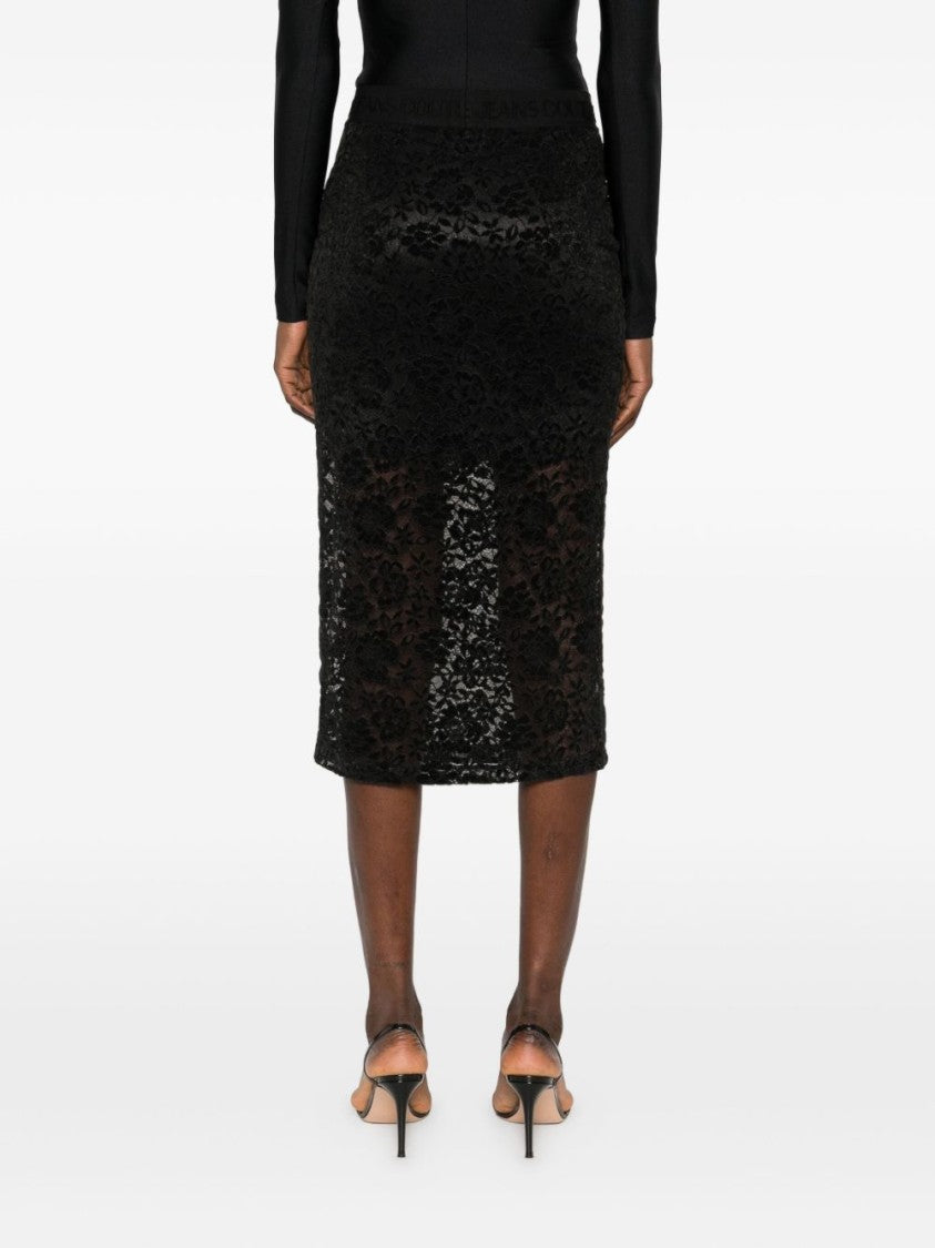 Versace Jeans Couture Textured Black Midi Skirt With Embossed Waistband