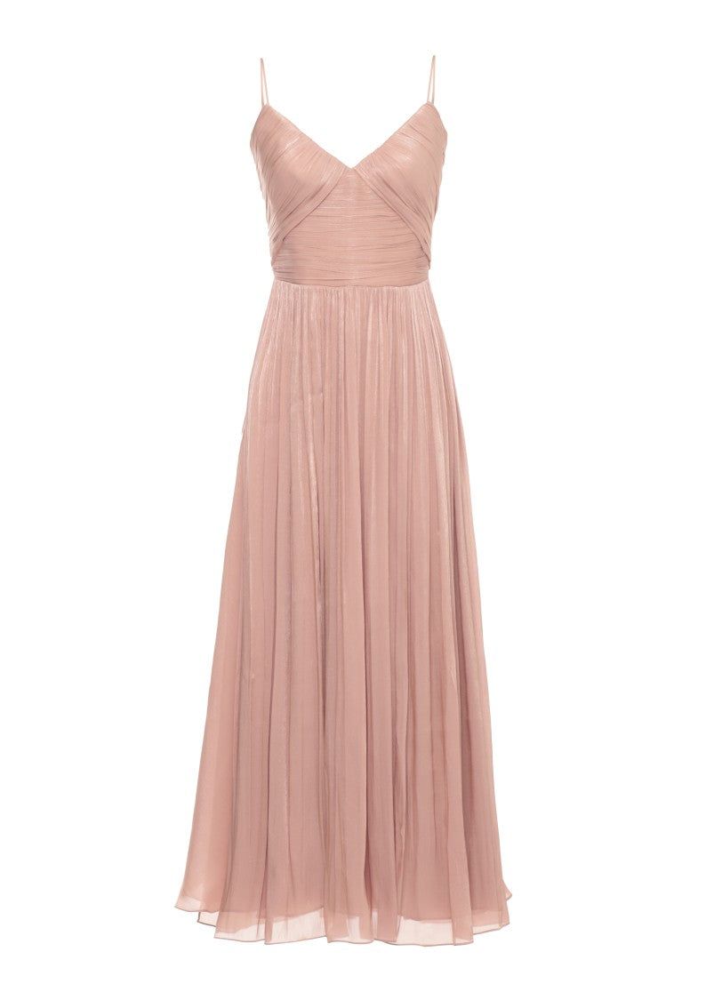 Costarellos Lurex Georgette Midi Dress With Deep V-Neck And Pleated Skirt