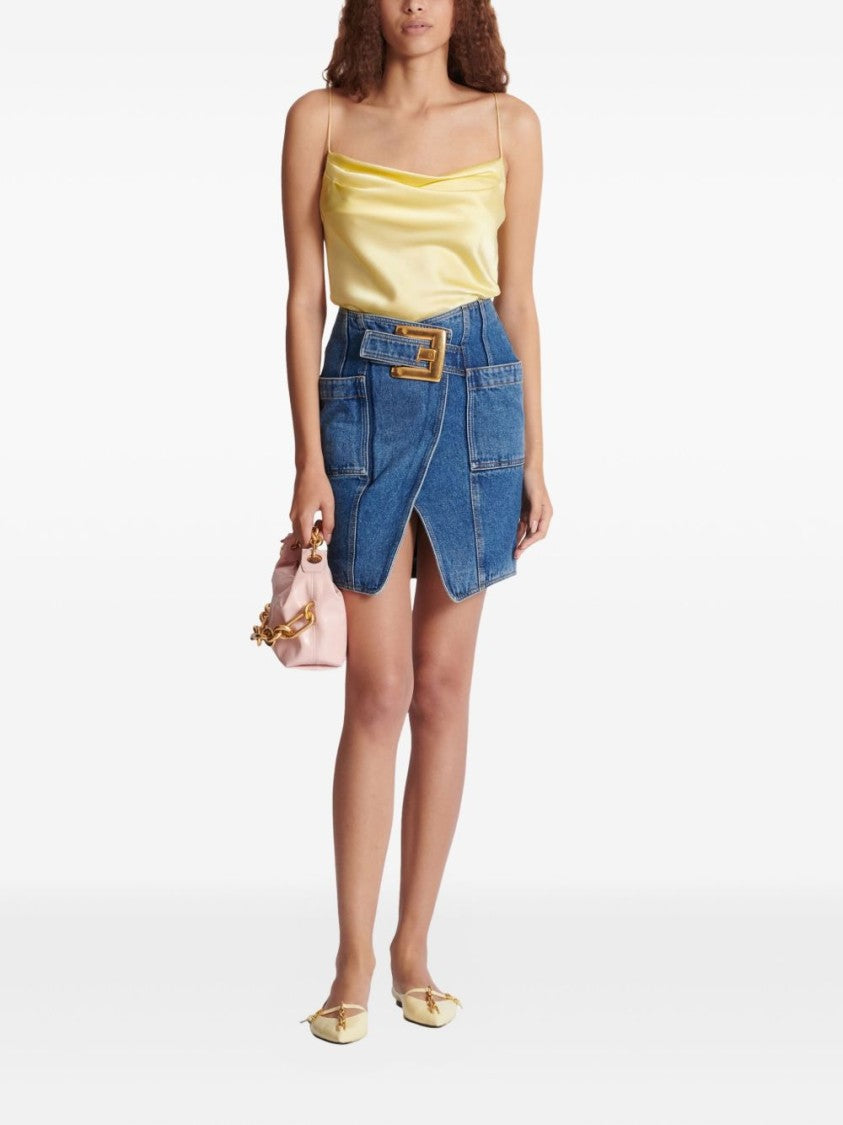 Balmain Structured Denim Buckle Mini Skirt