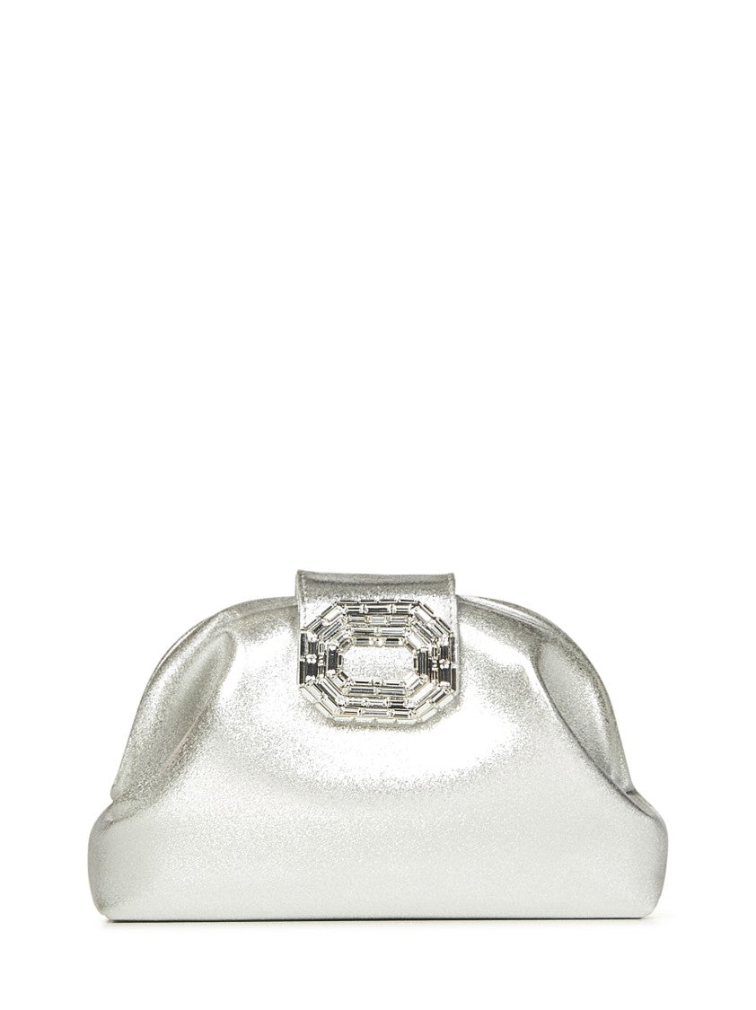 Amina Muaddi Silver Satin Clutch With Rectangular Mirrored Detail