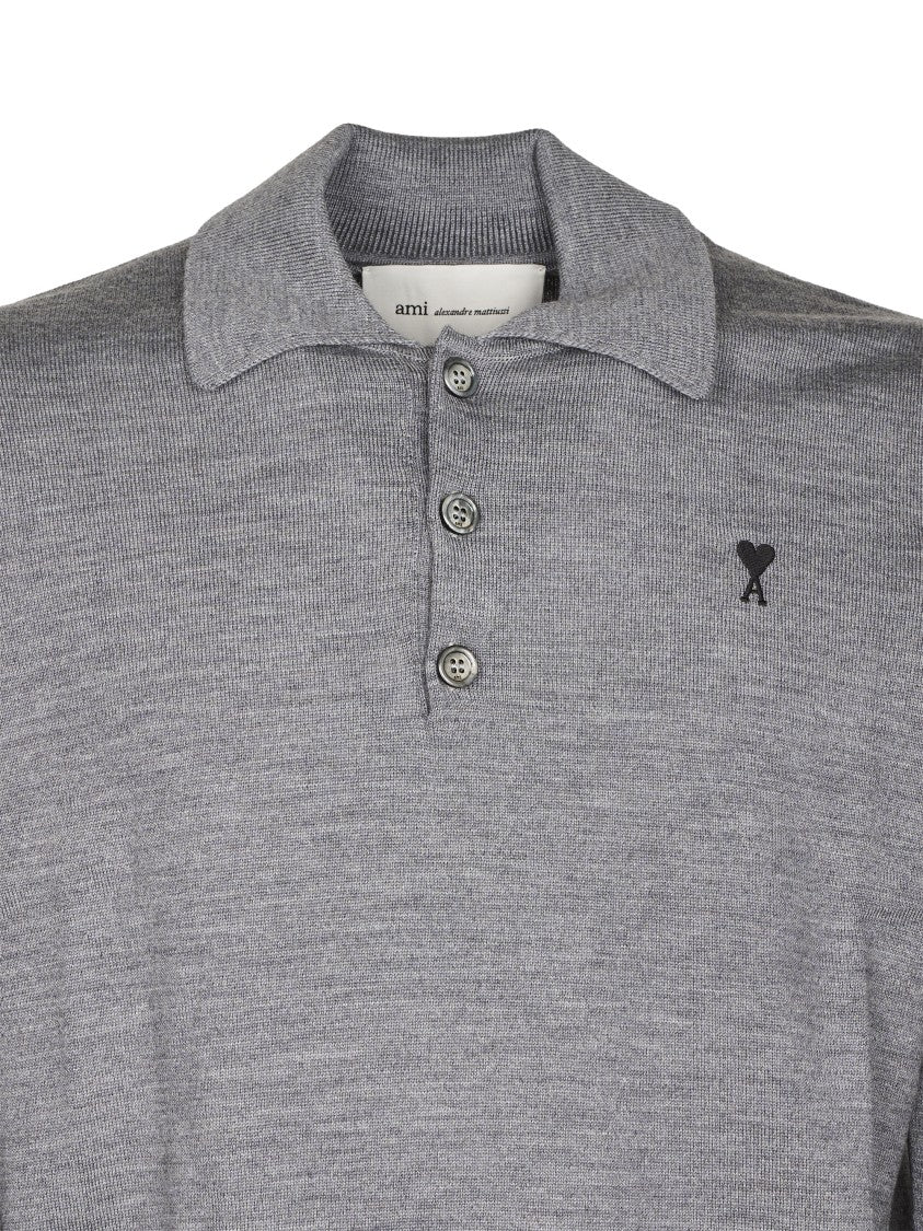 Ami Paris Finely Knit Polo Sweater With Contrasted Emblem