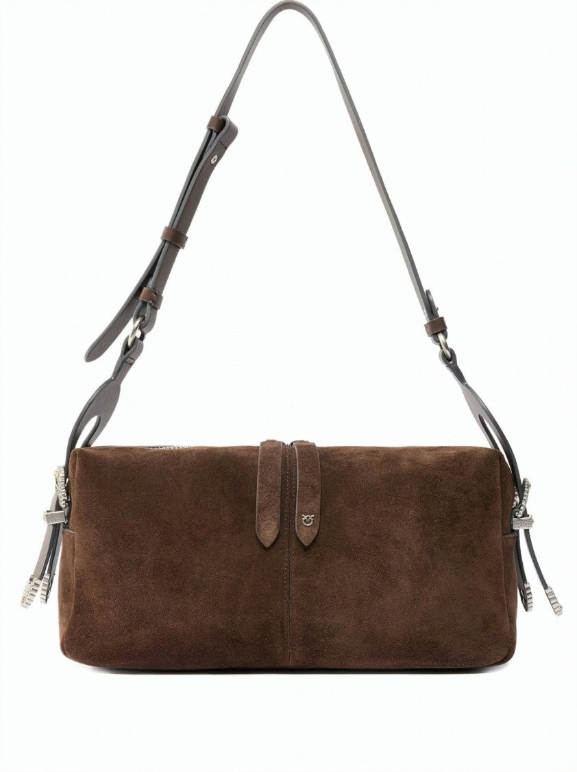 Pinko Brown Suede Love Birds Shoulder Bag