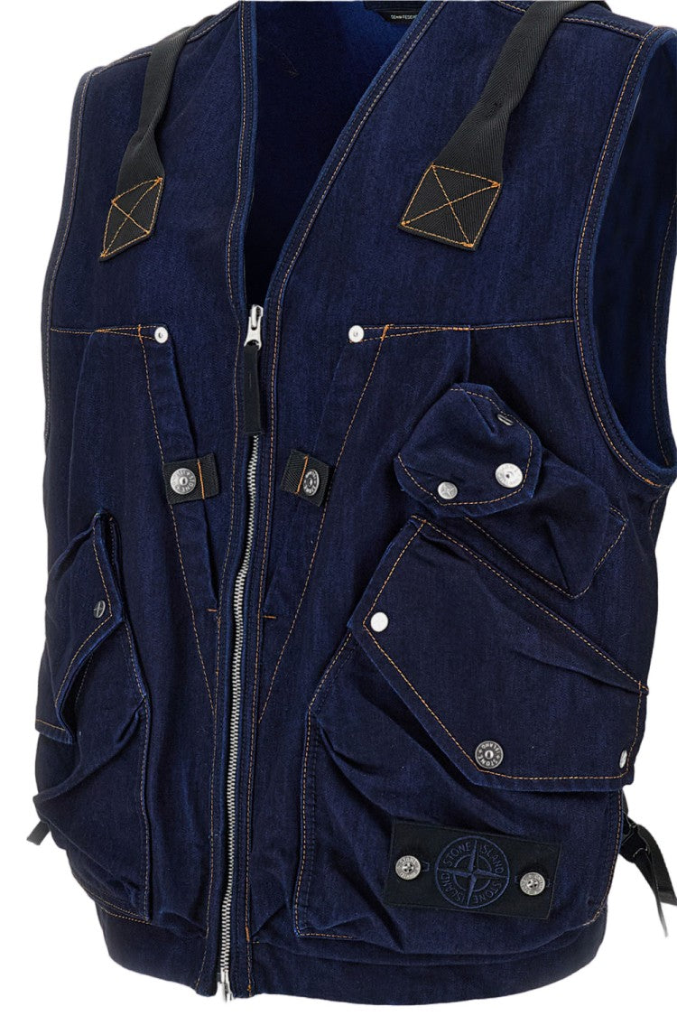 Stone Island Denim Utility Vest With Dual Zipper