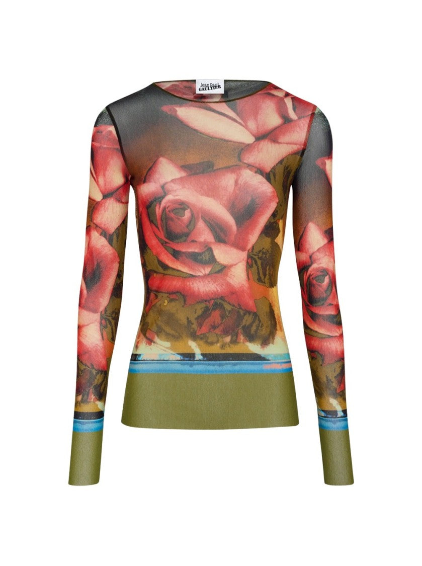 Jean Paul Gaultier Rose Printed Mesh Long Sleeve Top