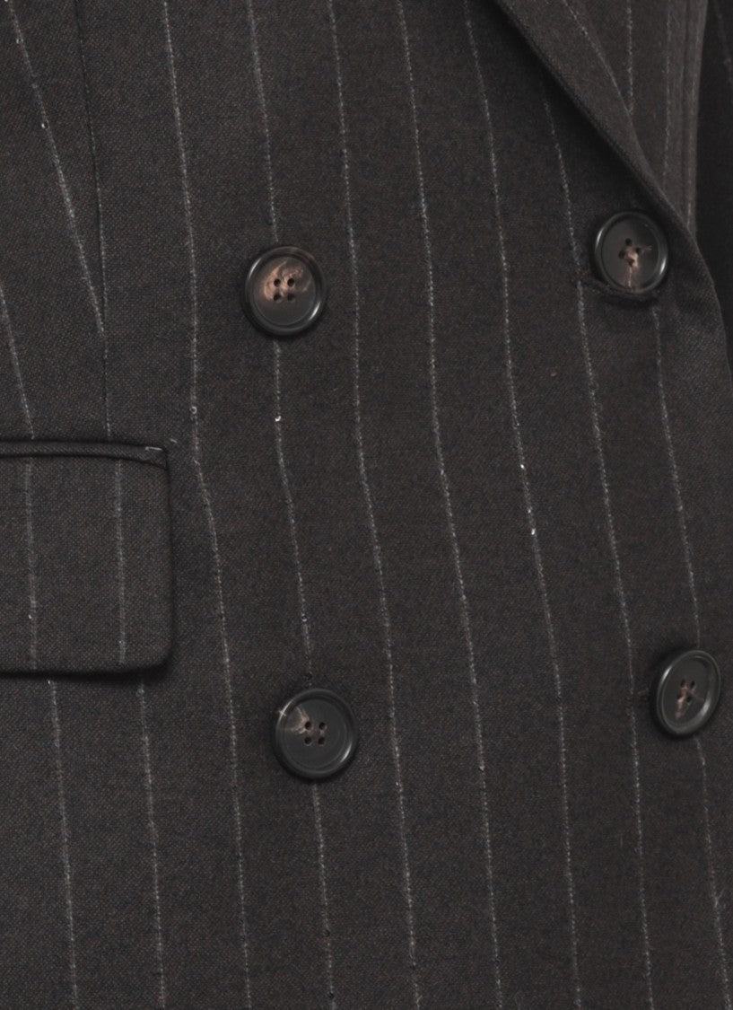D. Exterior Brown Pinstriped Sequin Wool Double-Breasted Blazer