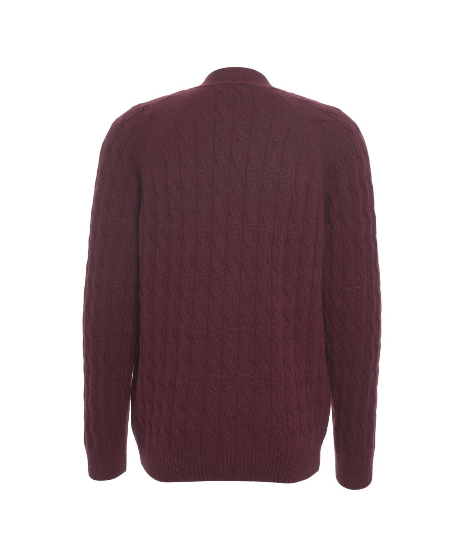 Amaranto Cable Knit Cardigan With Deep V-Neck And Button Closures