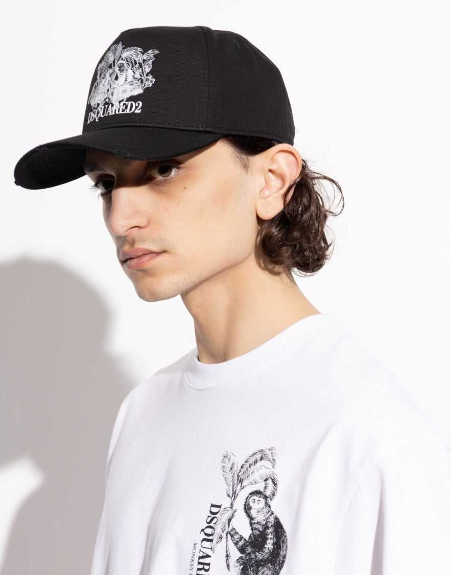 Dsquared2 Black Monkey Business Logo Cotton Baseball Cap