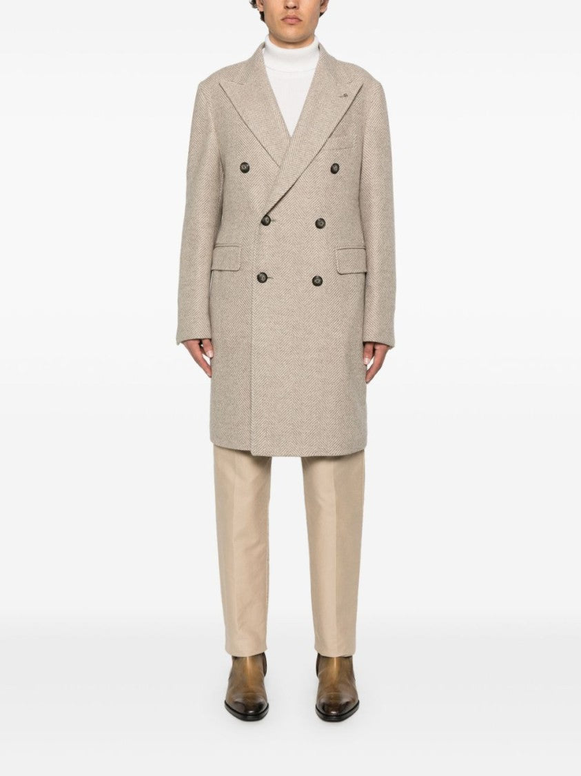 Tagliatore Double-Breasted Herringbone Coat With Wide Lapels
