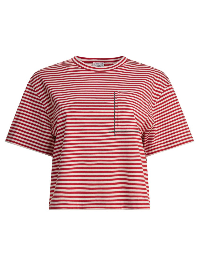 Brunello Cucinelli Cropped Red Striped T-Shirt