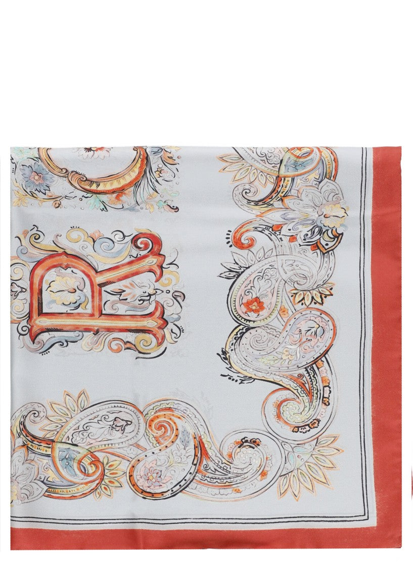 Etro Pastel Paisley Silk Scarf With Bold Red Trims